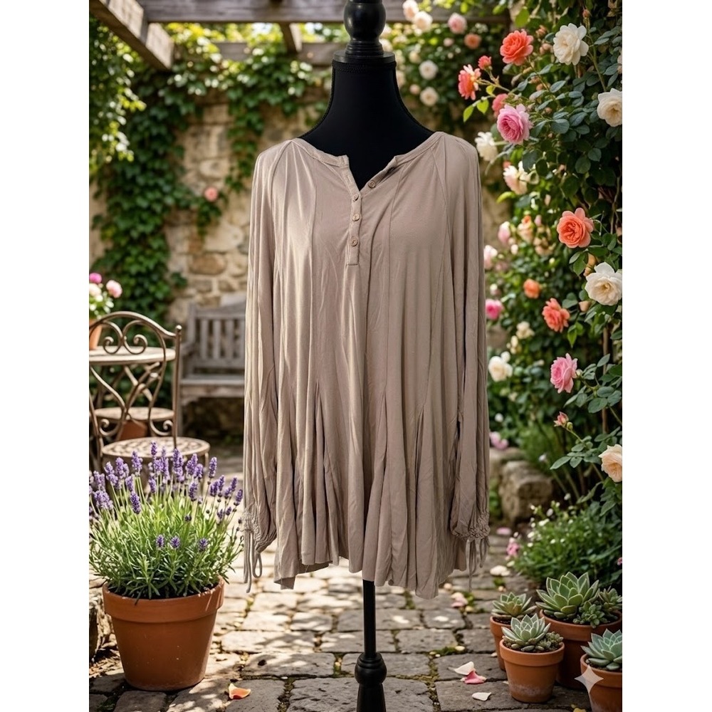 Easel Taupe Henley Tunic Top Long Sleeve Smocked Tie Cuff Boho Women L